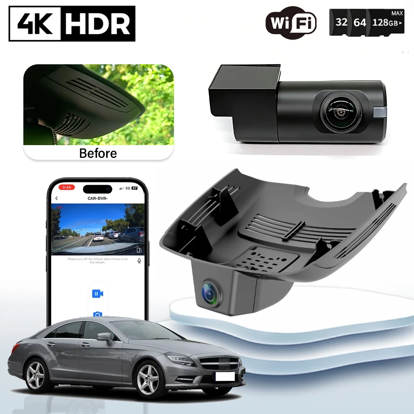 

Видеорегистратор Plug and Play HD 4K для Mercedes-Benz CLS W218 2012-2016 с ночным видением, управлением через приложение и Wi-Fi, записью видео.