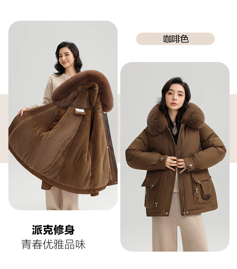 Winter New Warm Down Cotton Jacket with Large Fur Collar Hooded Coat Loose Women Thicken Parker Puffer Overcoat Casual Wear