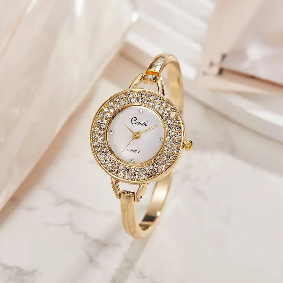 Luxury Golden Round Dial Ladies Fashion Rhinestone Quartz Bracelet Watch Elegant Female Clock Women's Watch Saati Relojes