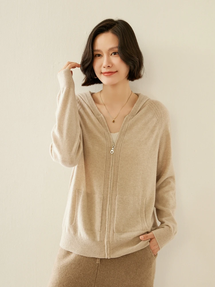 ANGE-Sudadera con capucha de Cachemira para mujer, cárdigan con cremallera, suéter de manga raglán, 100% de punto de Cachemira, Tops coreanos cálidos para otoño e invierno