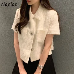 Neploe Korean Fashion Vintage Coat Turn Down Collar Solid Color Short Sleeve Jackets Pockets Tassel Single-breasted Outerwear