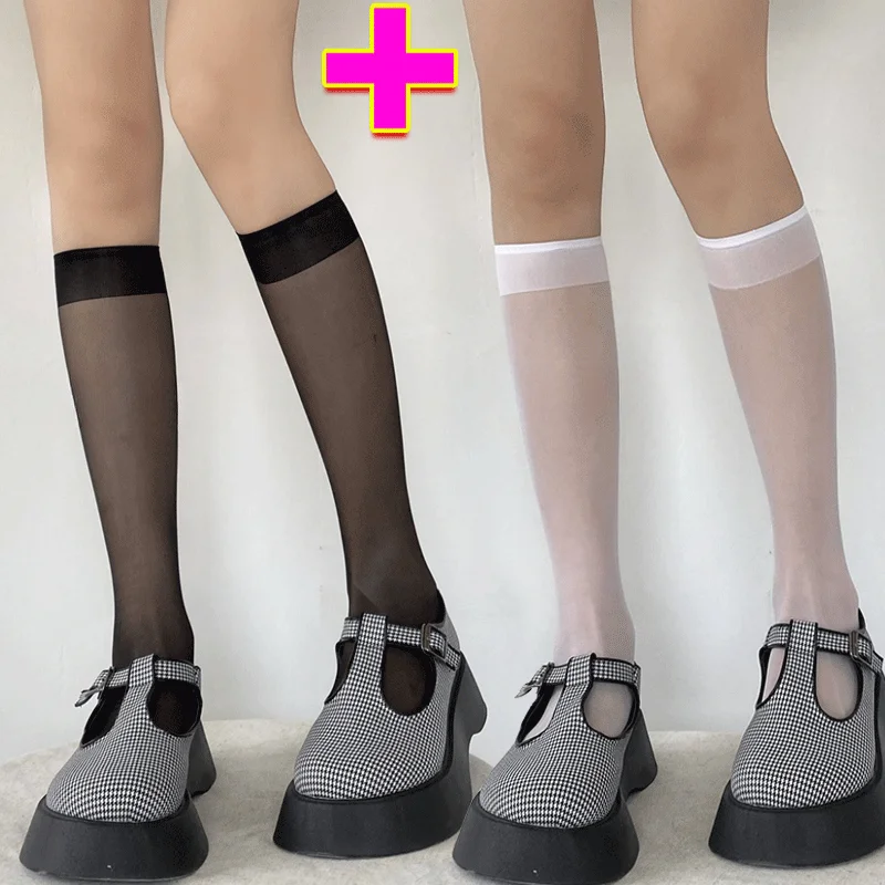 2pairs Sexy Lolita Socks JK Women Girls Socks Uniform See Through Summer Thin Long Sock Lolita Nylon Knee Lolita Stockings