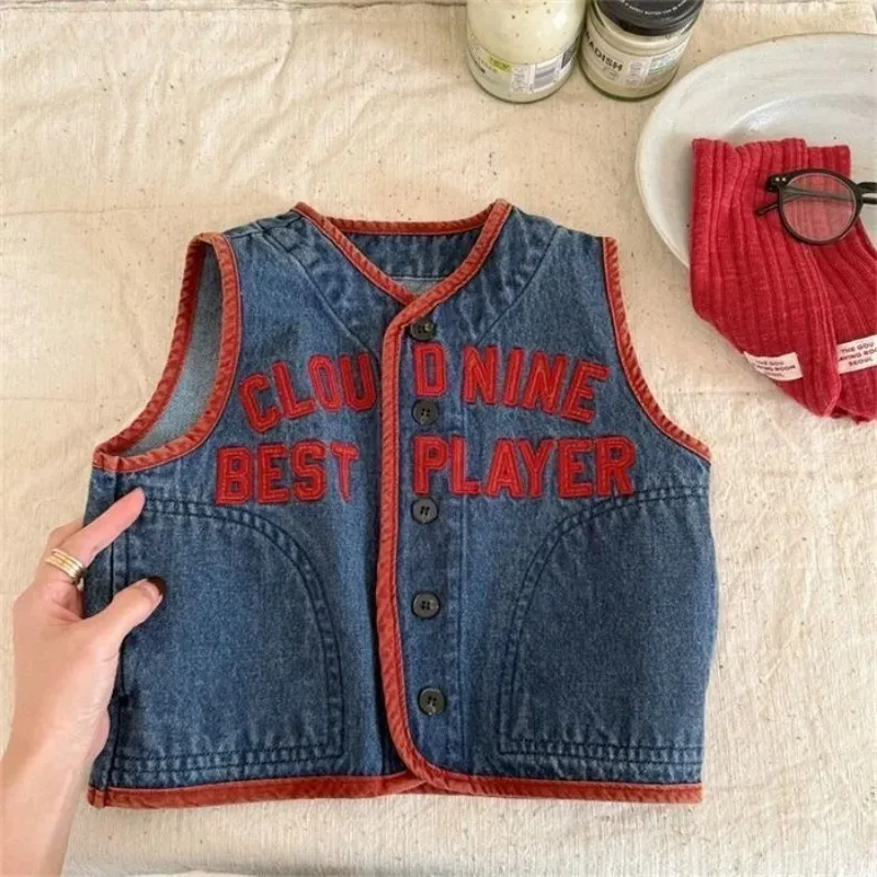 1-10Y Children's Vest 2025 Spring Autumn New Item Letter Camisole Top for Children Korean Boy Girl Color Collision Denim Vest