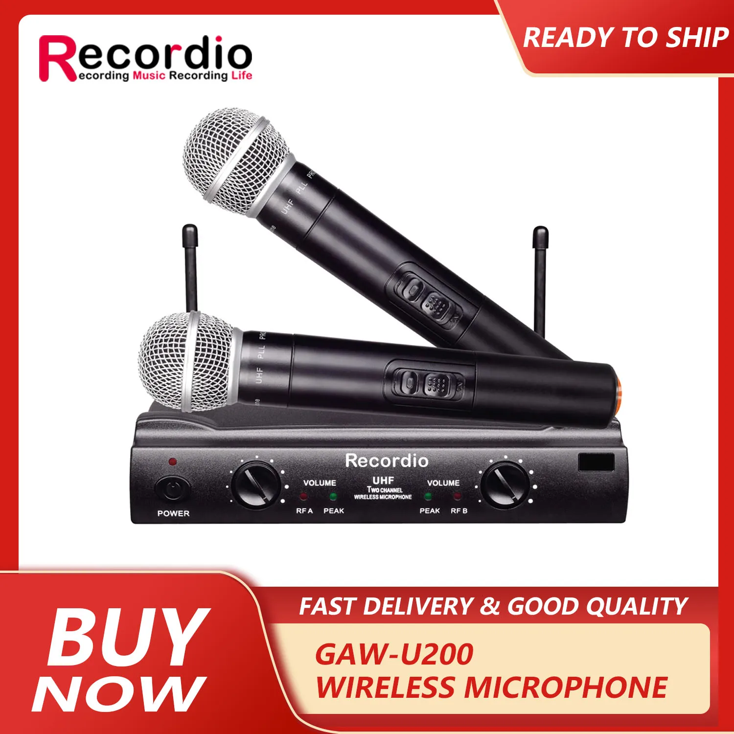 GAW-U200 Wireless Microphone System Handheld Microphone 2 Channels Professional Cordless Microphone Kit For Studio Karaoke