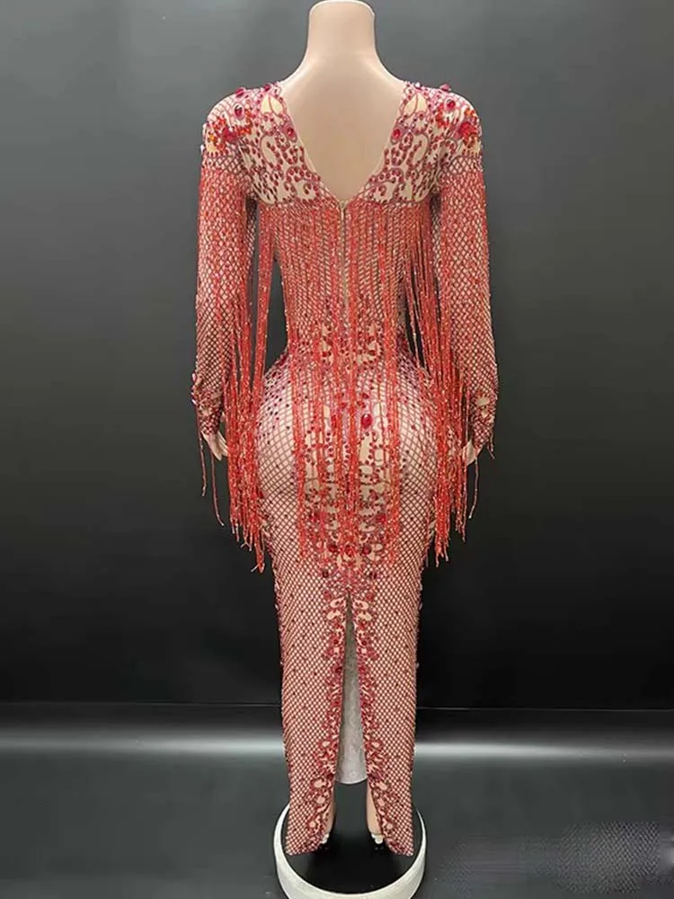 Alta qualidade strass borla sexy vestido elástico 2025 nova moda roupas femininas personalizadas