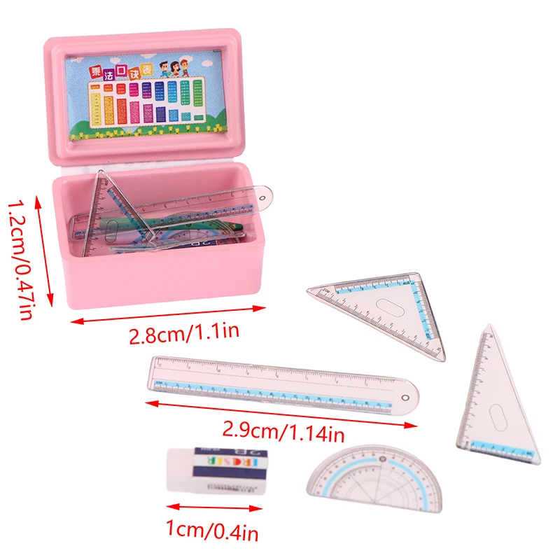 1Set 1:12 Dollhouse Miniature Stationery Pencil Case Pen Ruler Eraser Stationery Box Doll House Accessories Kid Pretend Play Toy