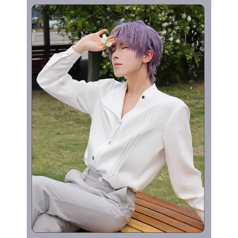 Kostium Cosplay Gra Miłość i Głębokie Przestrzenie Rafayel Biała Koszula z Haftowanym Kołnierzem Peruka dla Kobiet i Mężczyzn Roleplay Anime Party Top