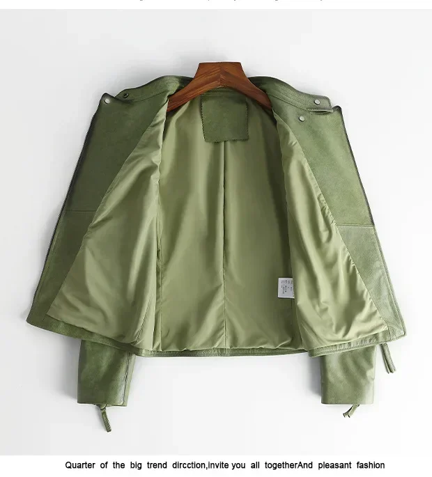 Veste en cuir véritable pour femmes, vêtements d'automne pour femmes, vestes de moto minces, col montant, pardessus vert court, FCY, 2023