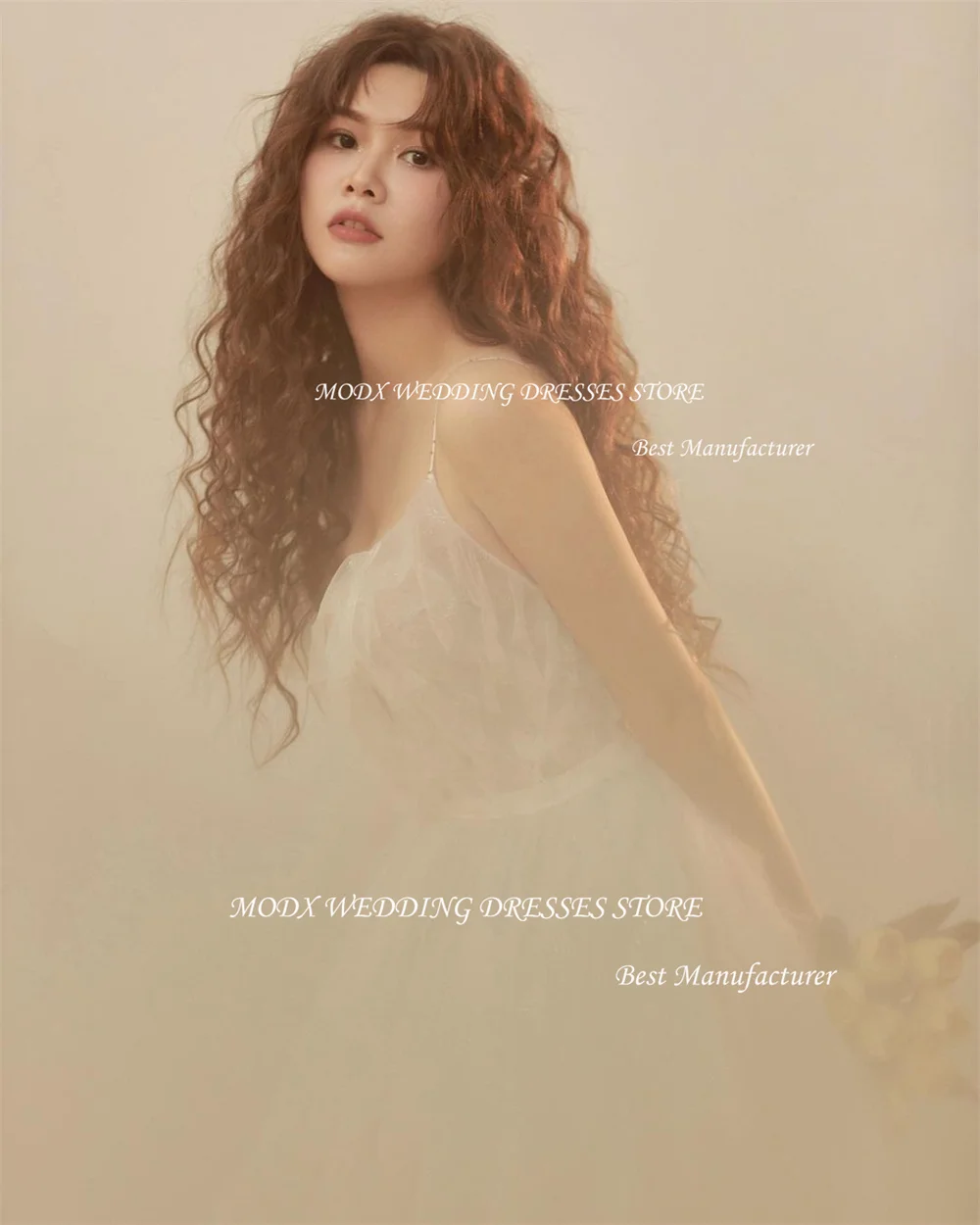 MODX blanc Tulle robes de mariée Photoshoot corée Spaghetti sangle bouffée longueur de plancher princesse dos à lacets robes de soirée