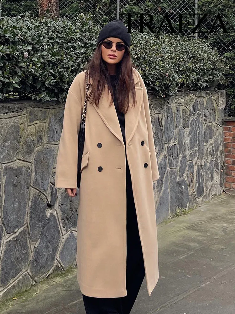 TRAFZA Lapel Straight Women\'s Coat Casual Double Breasted Office Ladies Long Coat Autumn Winter Solid Color Women\'s Street Coat