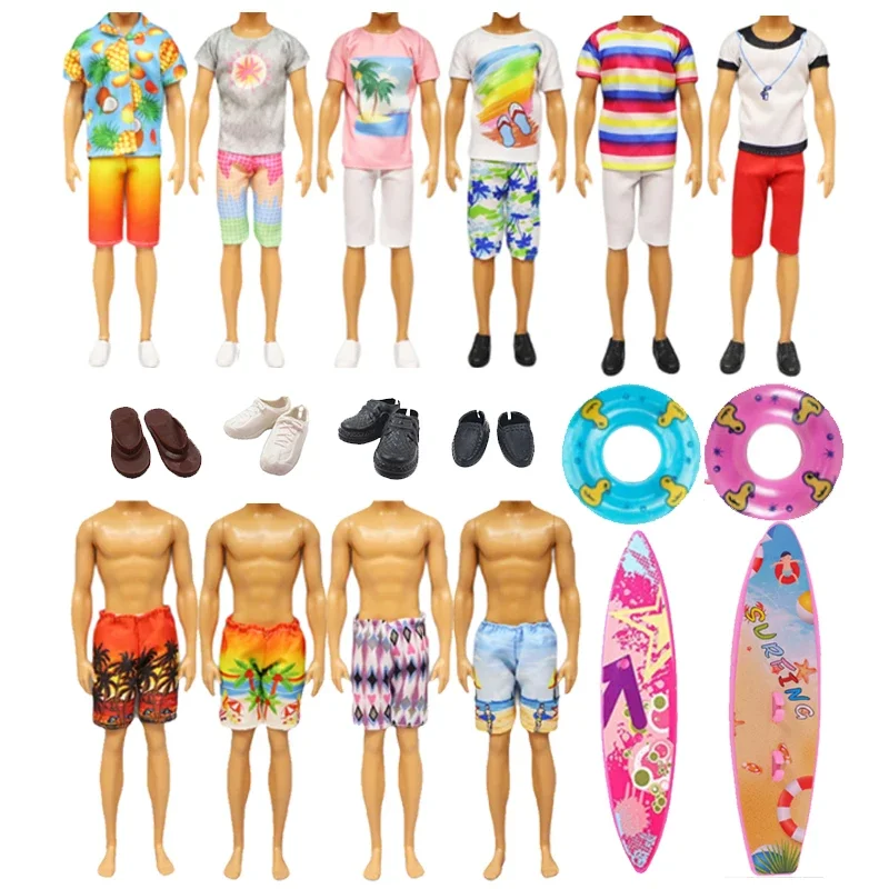 

10Pcs Doll Clothes and Accessories for 12 Inch Boy Ken Dolls Include 4 Outfits 2 Beach Shorts 2 Shoes 1 Swim Ring 1 Surfboard