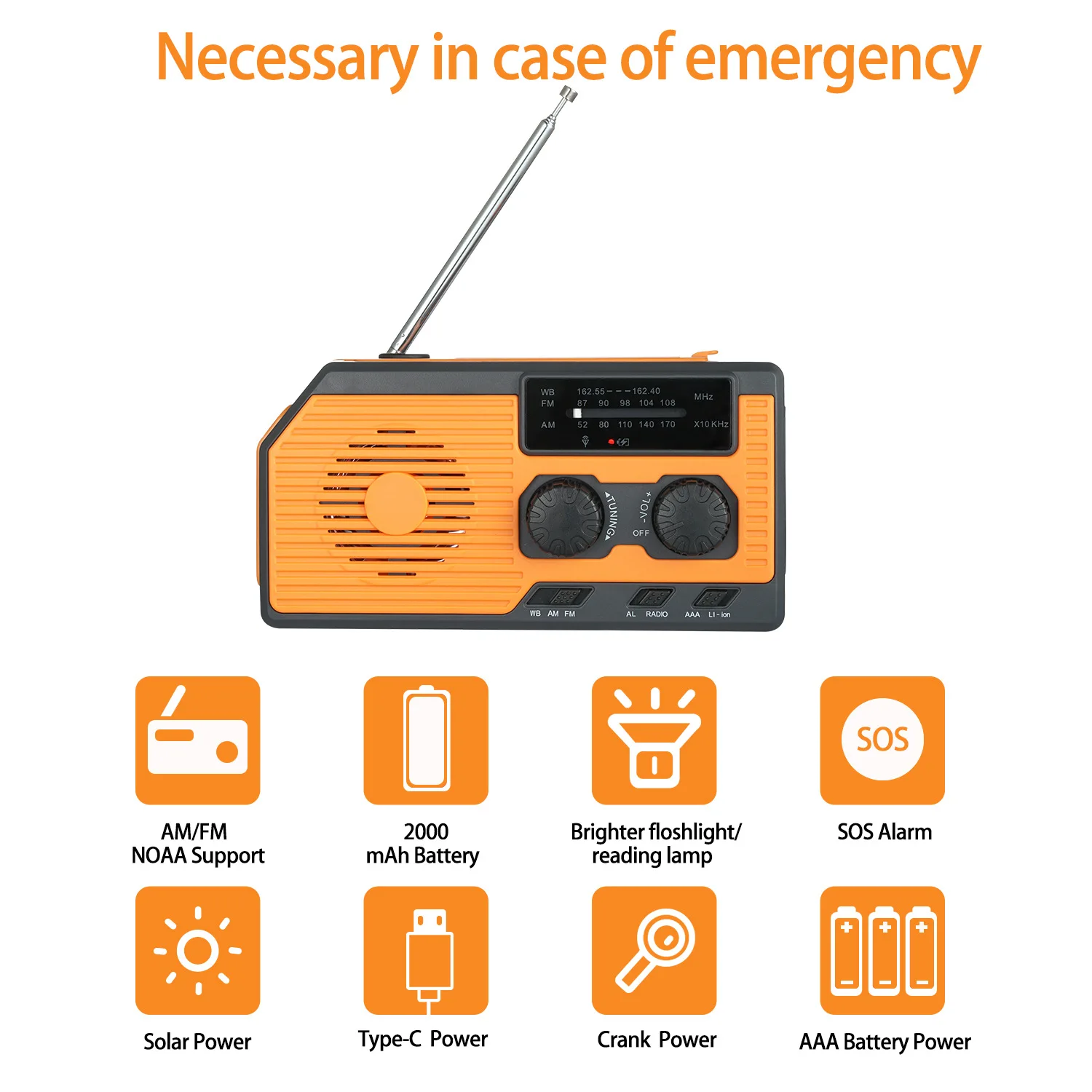 Solar Powered Hand Cranked Emergency Radio 5000mAh Charging Treasure Level Display Lighting