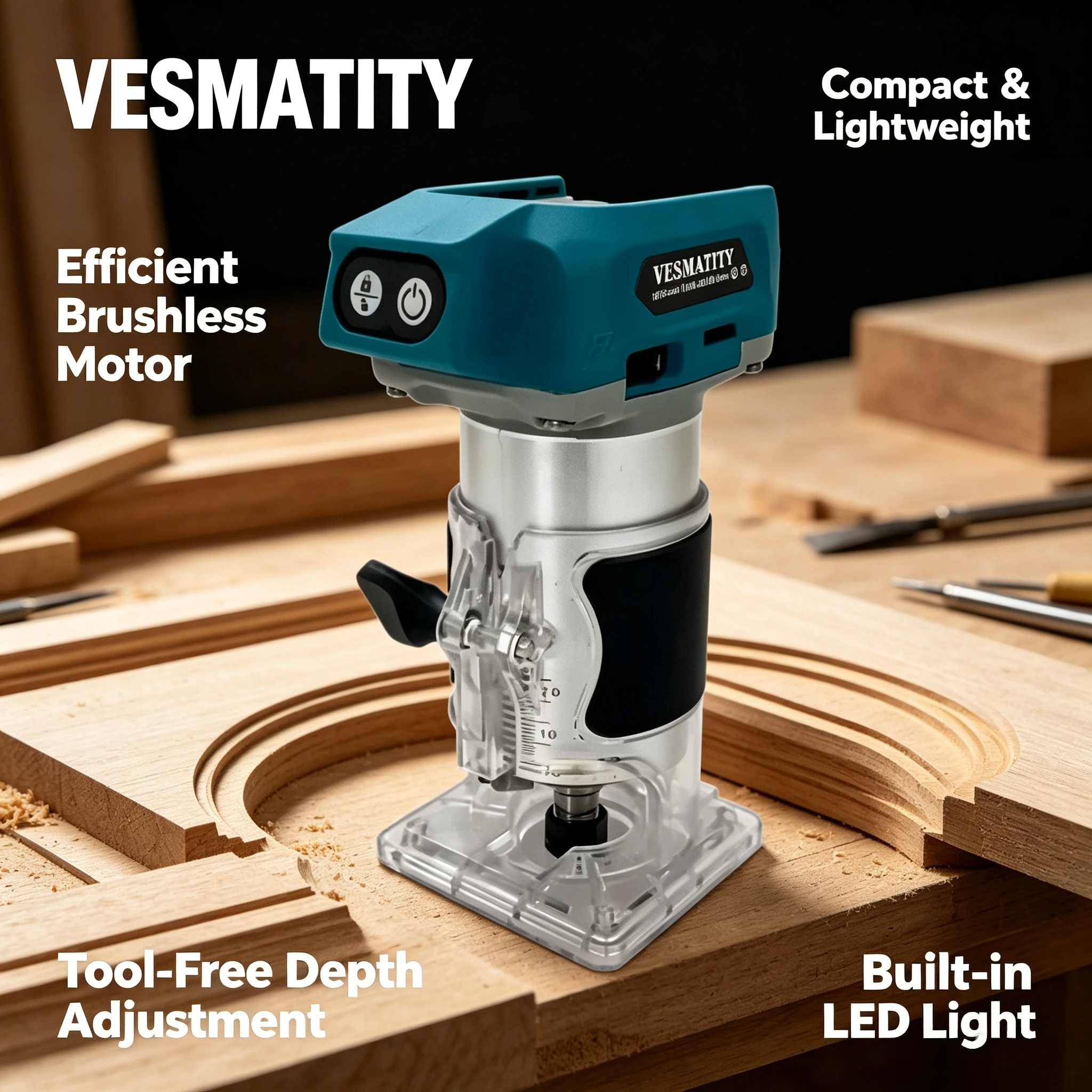 Vesmatity DRT50 Cordless Brushless Trimmer Engraver Milling Machine for Wood Slotting 18V 20V Battery Max Pro Plus