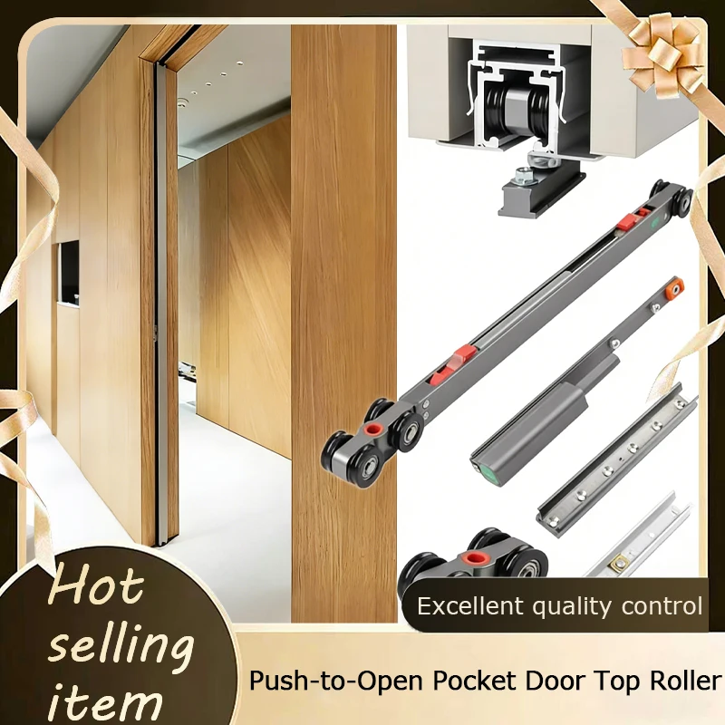 Push To Open Pocket Door Sliding Hardware Kit Top Track Bidirectional Soft Close Damping Rollers Wall Mounted For Wooden Door