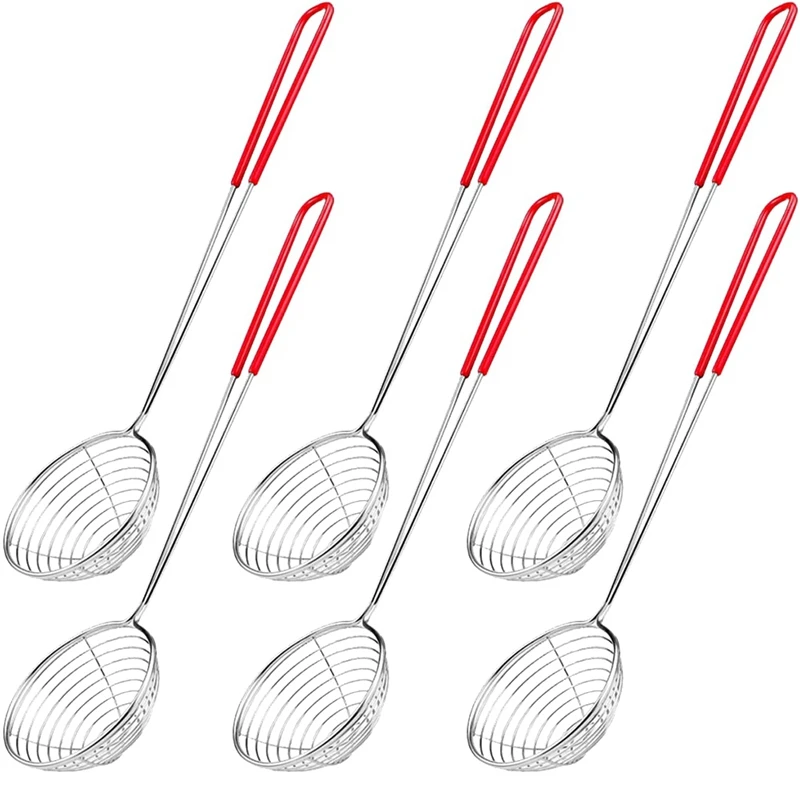 

6 Pieces Mesh Skimmer Spoon Stainless Steel Red&Silver Hot Pot Strainer Scoops For Kitchen Cooking Frying Food