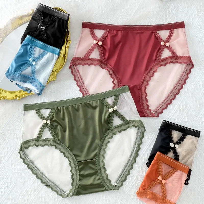 

Женские атласные сетчатые трусики с бантом, кружевная отделка, трусы больших размеров, элегантные трусы в королевском придворном стиле, сексуальное нижнее белье