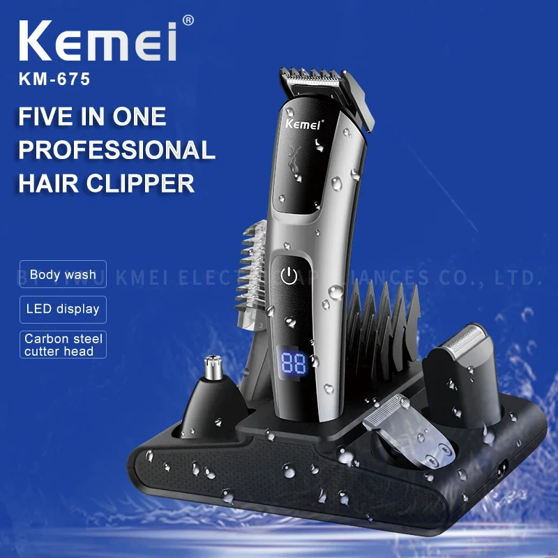 Kemei KM-675 5-In-1 Replaceable Blade Hair Clipper Imitation Leather Shell Electric Hair Clipper LED Display Hair Clipper Set