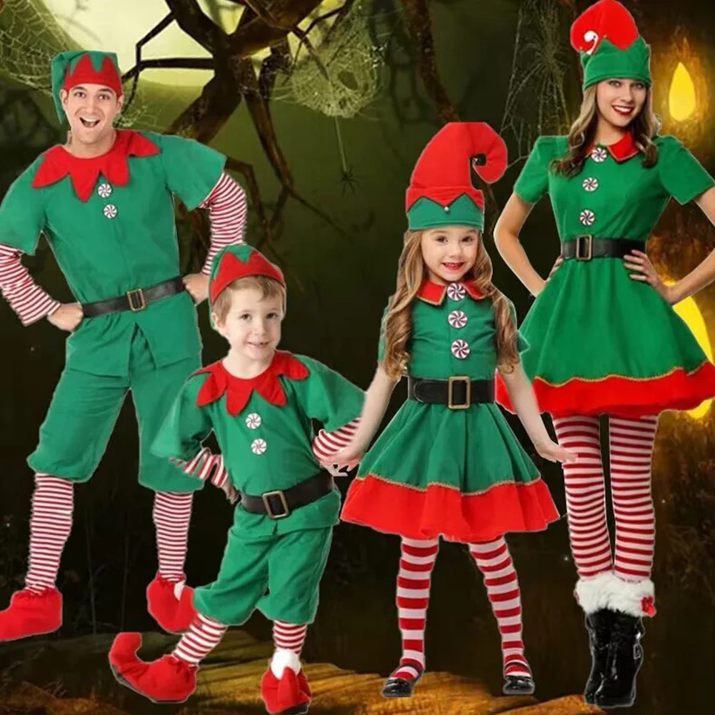 2024 Christmas Elf Costume Girls Xmas Santa Claus Green Elf Dress For Kids Adults Family Matching Outfits Cosplay Clothing