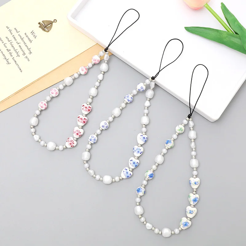 Fashion Pearl Print Heart Star Bead Mobile Phone Chain for Women Creative Tree of Life Pendant Charm Cellphone Case Hanging Rope