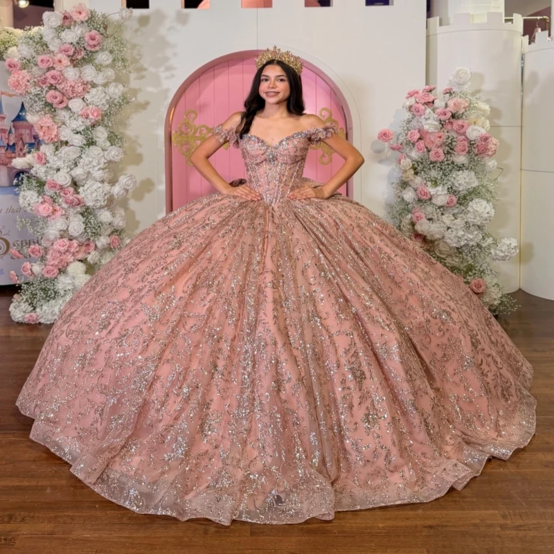 

Pink Shiny Quinceanera Dresses Ball Gown Off The Shoulder Sequin Applique Lace Beading Crystal Corset Bow Tull Party Birthday