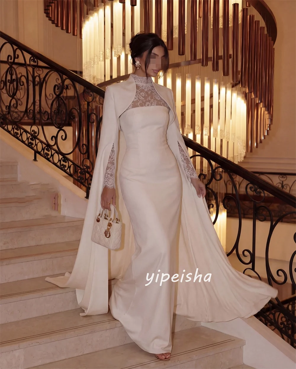 Customized Beige Formal Modest Jersey Pleat Lace Straight High Collar Long Dresses Evening Dresses Casual For Birthday Party 4