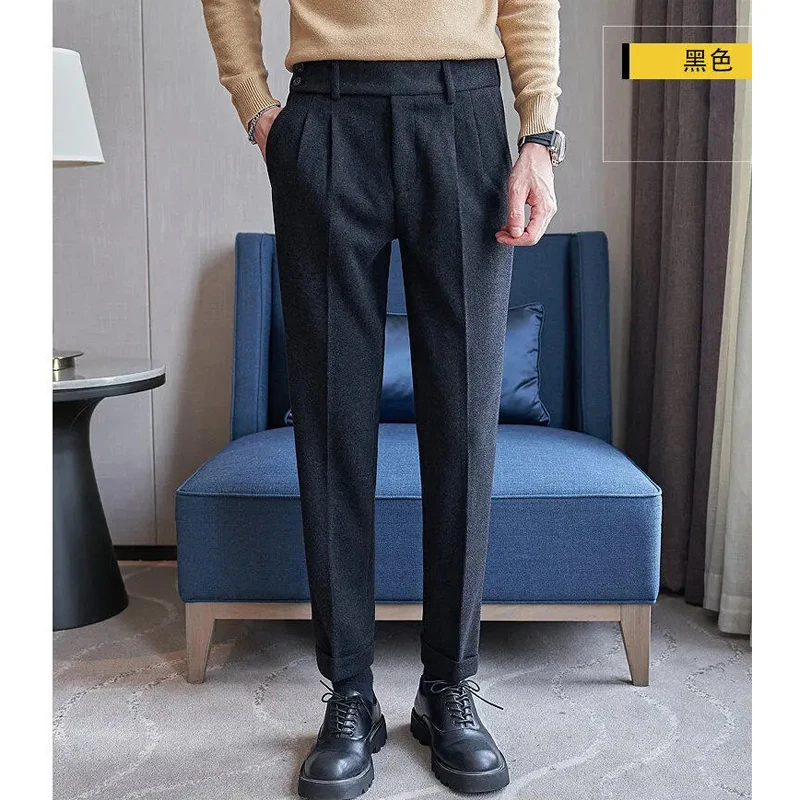 

Men's Pants Herringbone Tweed Wool Fabric Casual Fall/Winter Suit Pants, Black Coffee Available