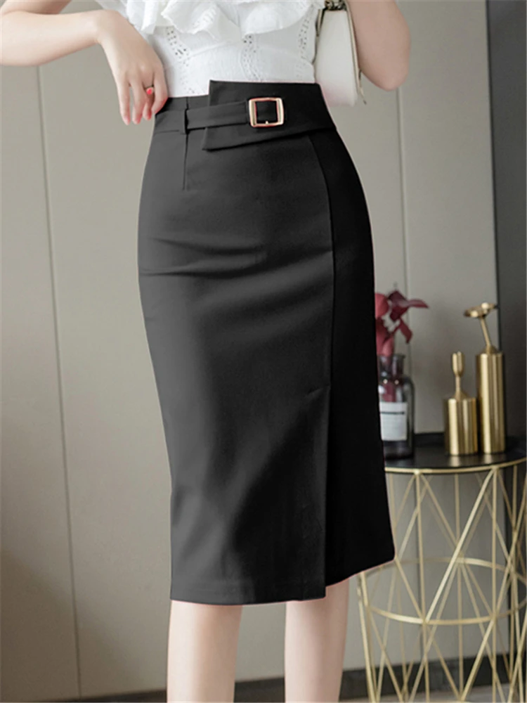 Seoulish Spring Summer Buttons Women's Wrap Midi Skirts 2023  New High Waist Workwear Front Split Sheath Pencil Skirts Female