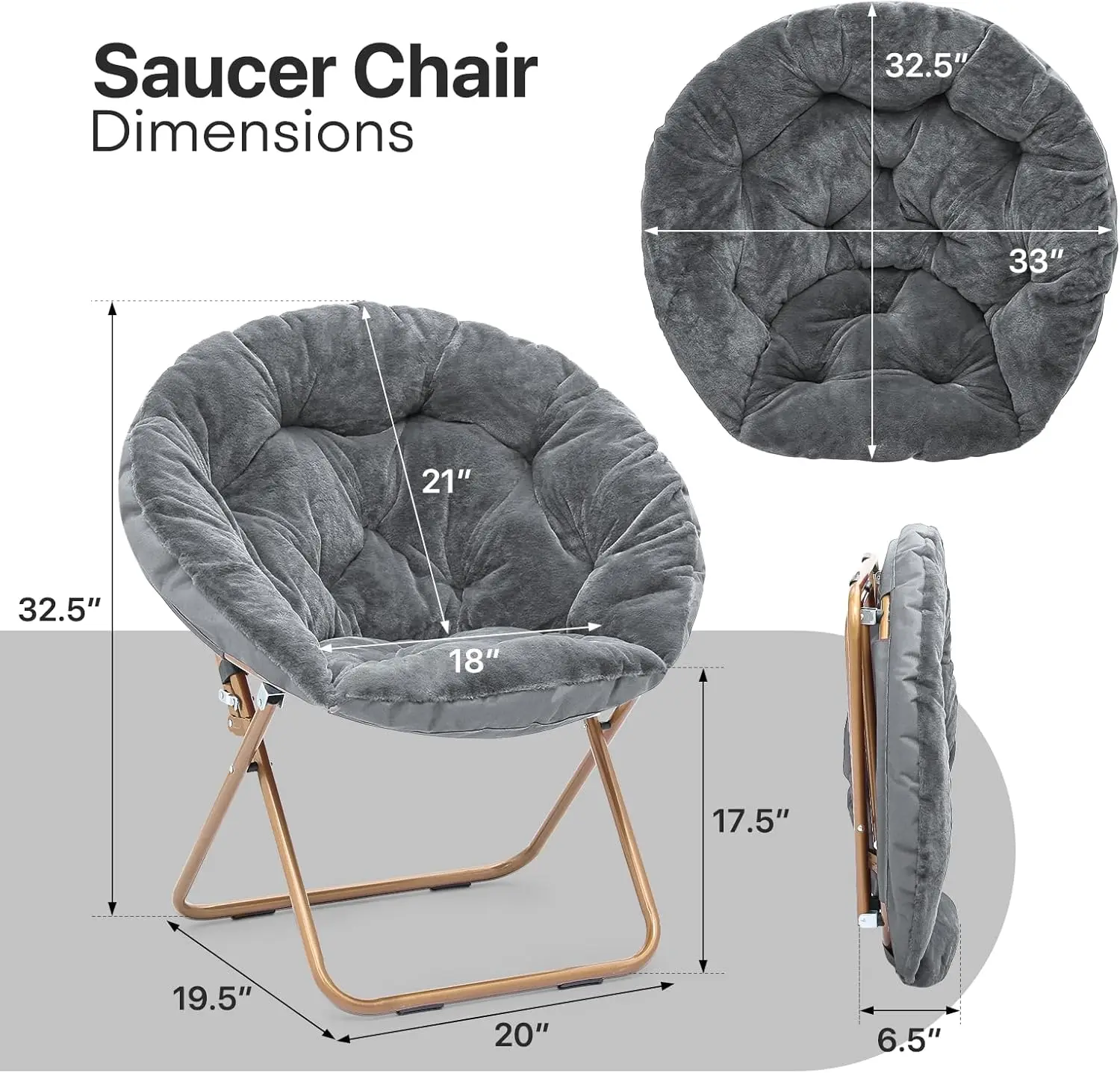 Foldable Oversized Moon Chair, Large Soft Lazy Cozy Comfortable Faux Fur Round Saucer Moon Chair for Teens and Adults, Grey