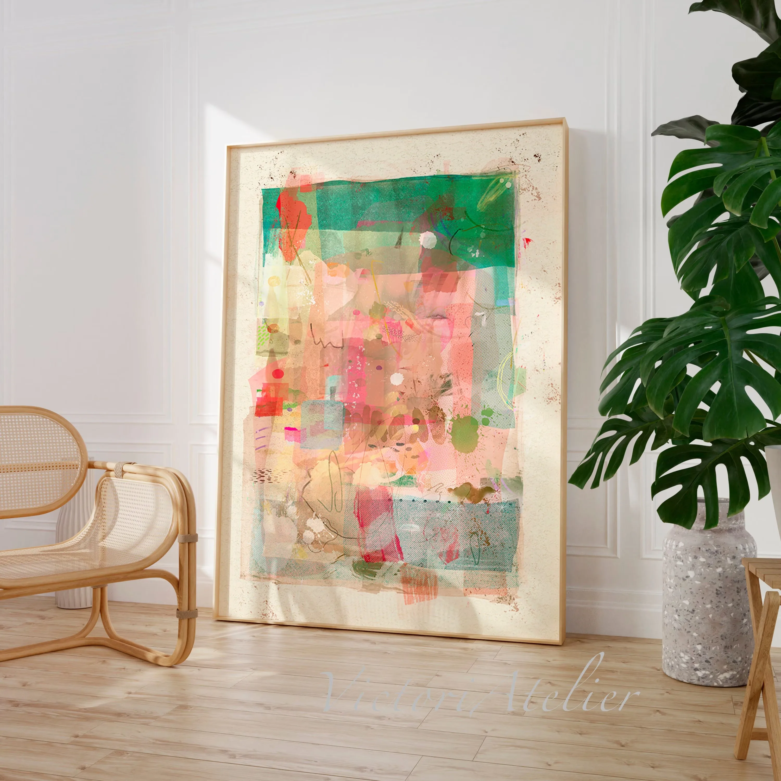 Abstract Painting With Light Colours, Green Beige Pink Art, Modern Contemporary Abstract Wall Art Print, Living Room Decor