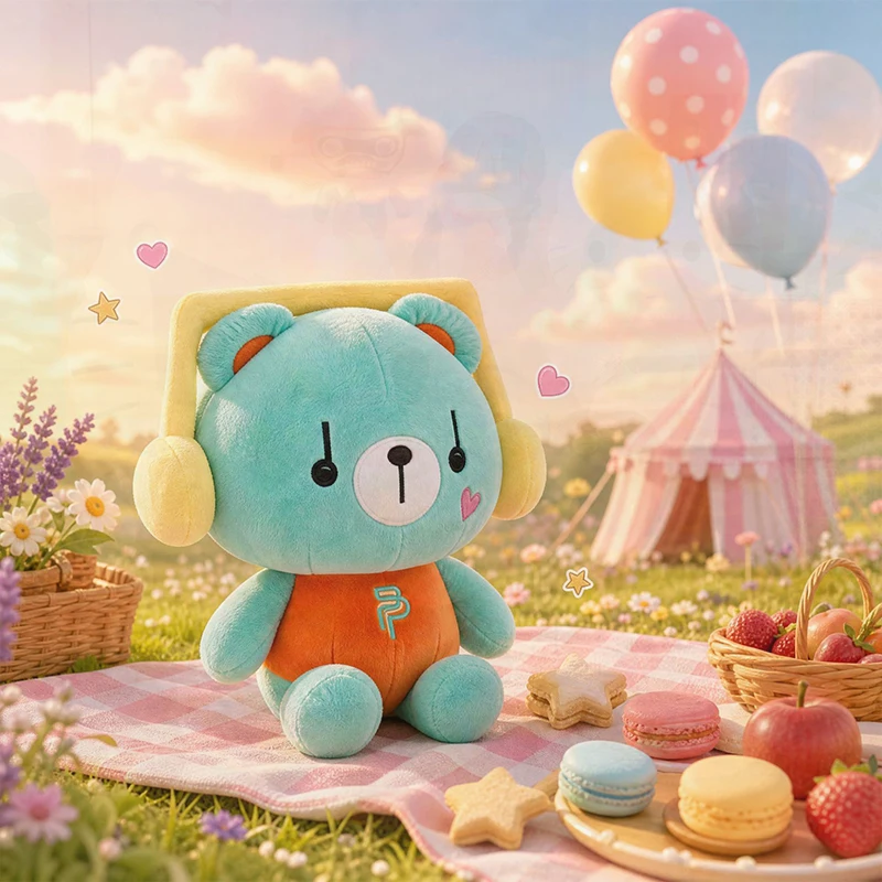 Turquoise Bear Plush Doll with Yellow Headphones, Soft Fluffy Stuffed Animal Toy, Lovely Cartoon Bear Plushie Gift for Children