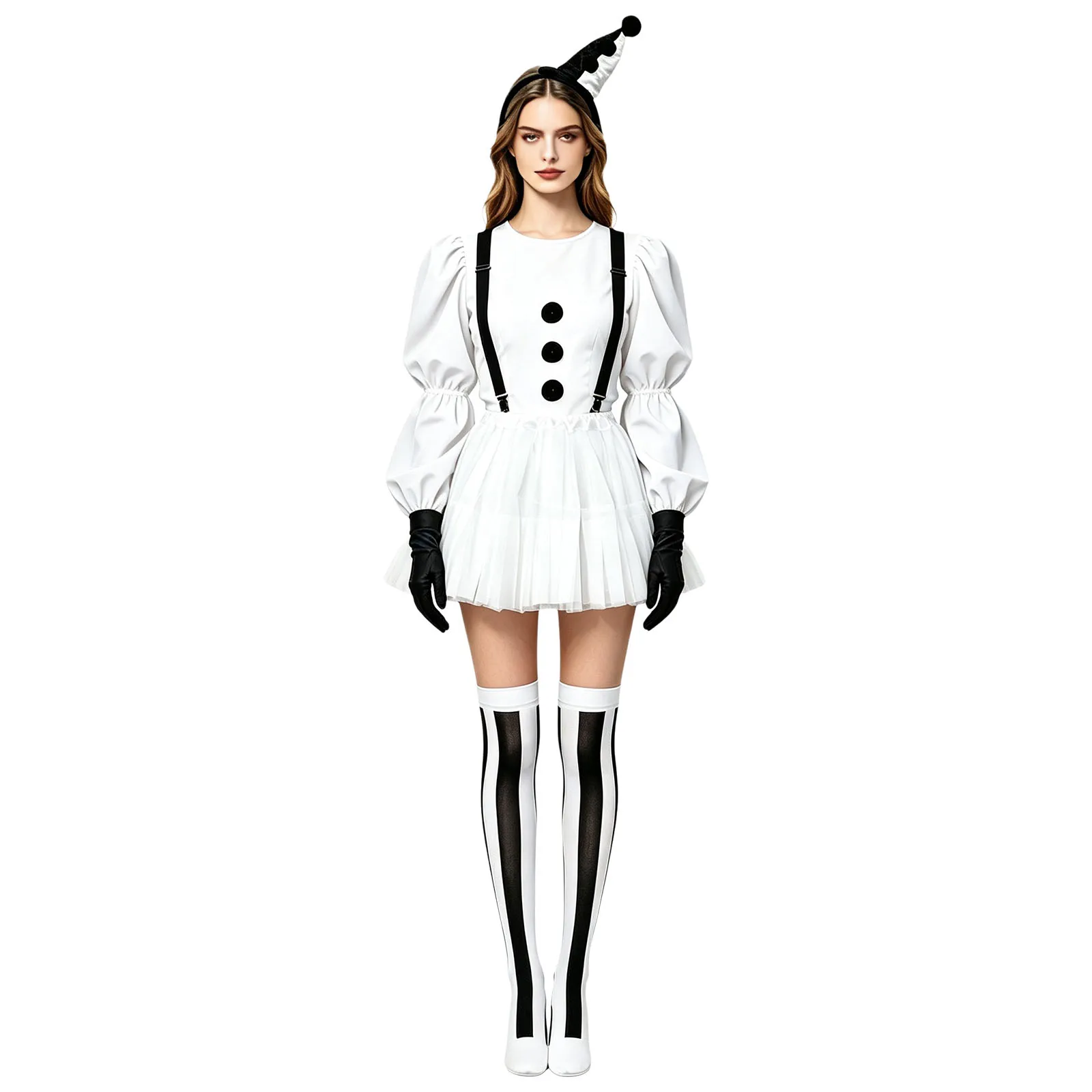 Halloween Women Clown Cosplay Sets Elastic Waistband Tulle Skirt with Suspenders Gloves Stockings Headband Pom-poms 3