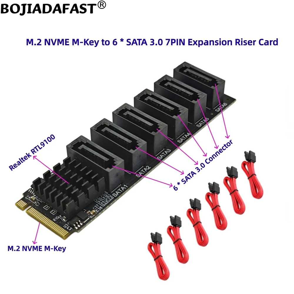 6 * SATA 3.0 7PIN Connector to NGFF M.2 M-Key Adapter Expansion Riser Card With Data Cables for Hard Disk Drive HDD