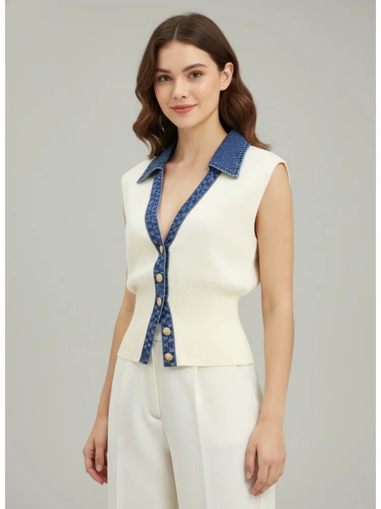 เสื้อกั๊กถักสีขาวสำหรับผู้หญิง แบรนด์ Bonboho แต่งปกเดนิมตัดต่อ ทรงครอป ติดกระดุม สไตล์เรโทรลำลองสำหรับฤดูร้อน รุ่นใหม่ปี 2026