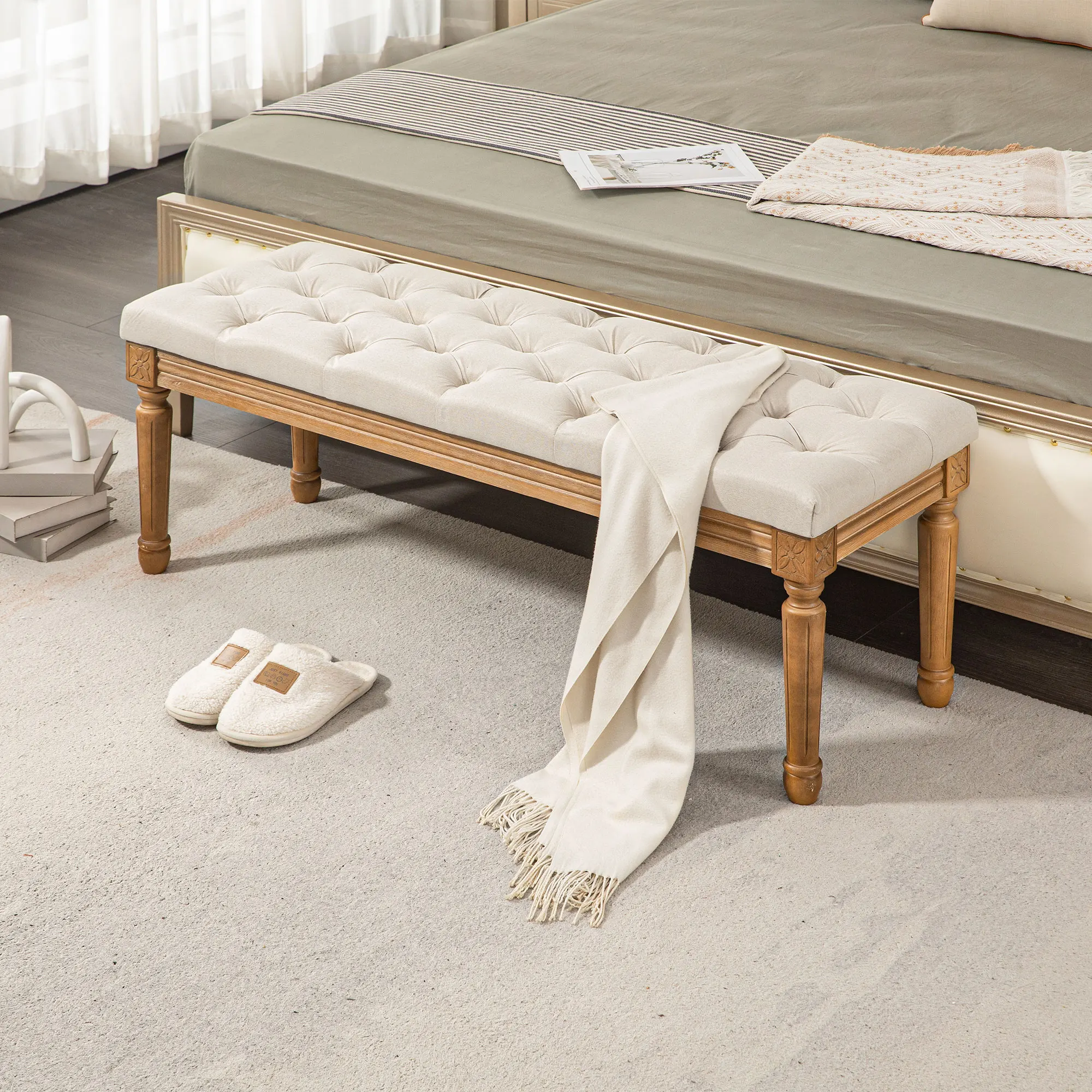 HOMCOM Sitzbank, Polsterbank mit Leinenoptik, Holzbeine, Bettbank für Schlafzimmer, Wohnzimmer, Flur, 120 x 41 x 48 cm, Creme