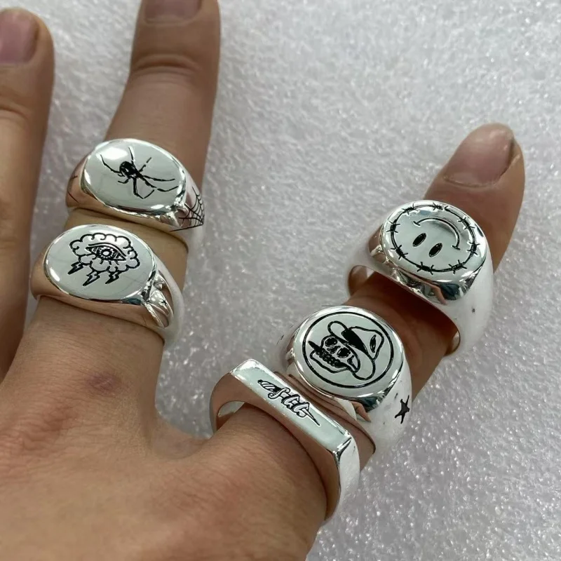 

2025 New Trends Luxury High Quality Stainless Steel Rings for Woman Man Decoration Piercing Heart Smiling face Sheriff Eye Set