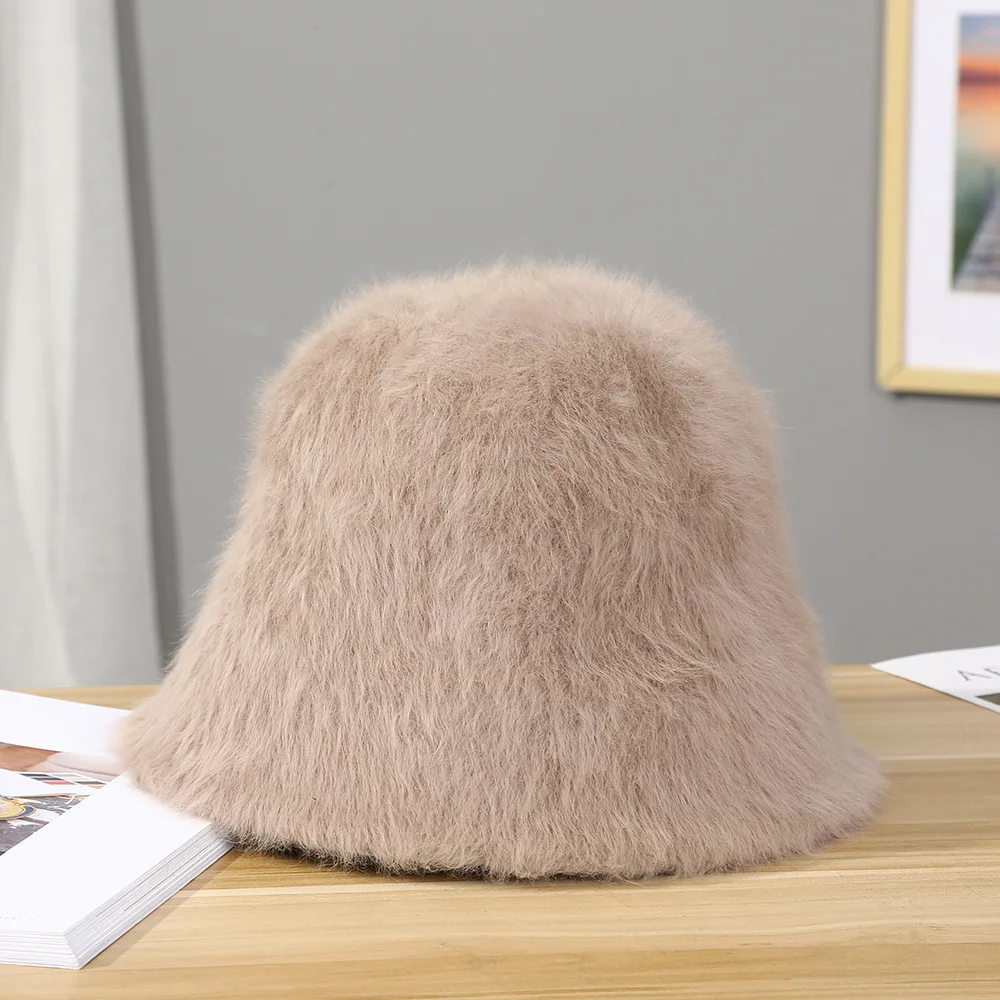 New Fashion Artificial Rabbit Fur Bucket Hat Women Autumn Winter Warm Thickened Fisherman Hat Panama Plush Basin Hat Lady Cap