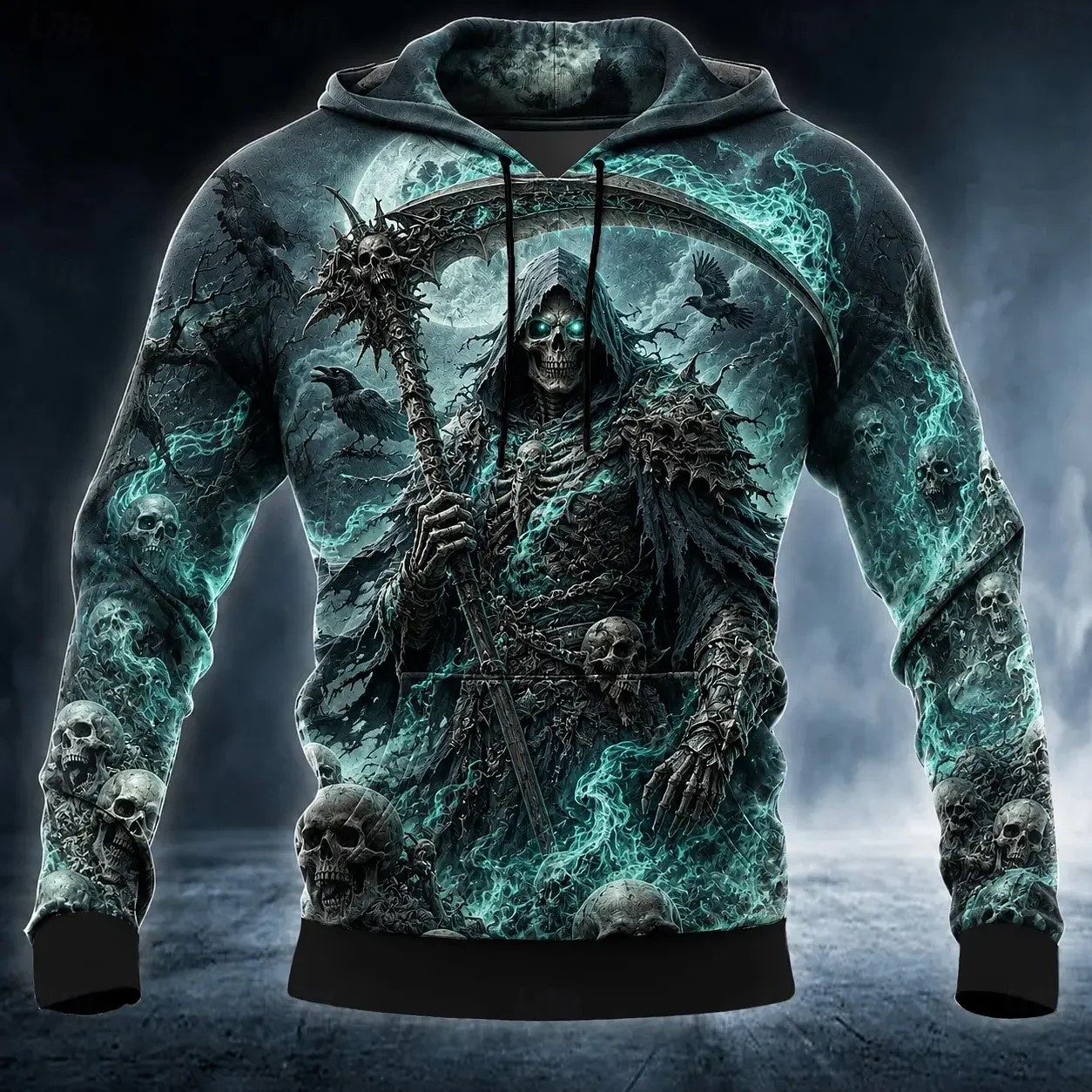 Men 3D Print Halloween Hoodie Grim Reaper Lantern Skull Graveyard Pattern Polyester Long Sleeve Pullover Sweatshirt