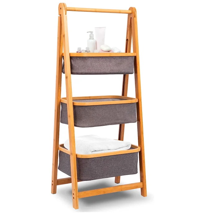 

！@Combohome Wholesale Eco-friendly Foldable Clothes 3 Tier Bamboo Laundry Hamper Bamboo Laundry Basket with Storage Bag