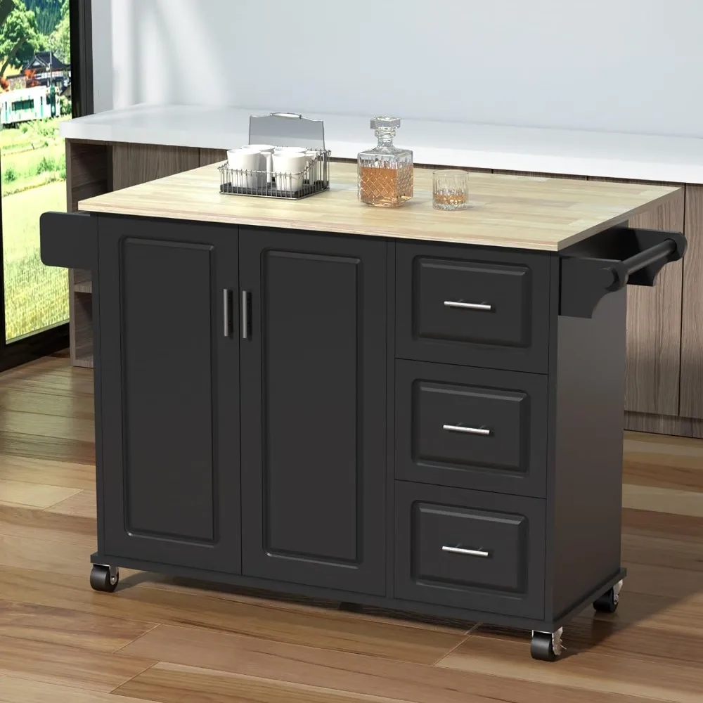 Island Cart with Drop Leaf, Kitchen Island with Storage, Rolling Kitchen Island with Inside Cabinet, 3 Drawers, Spice Rack,