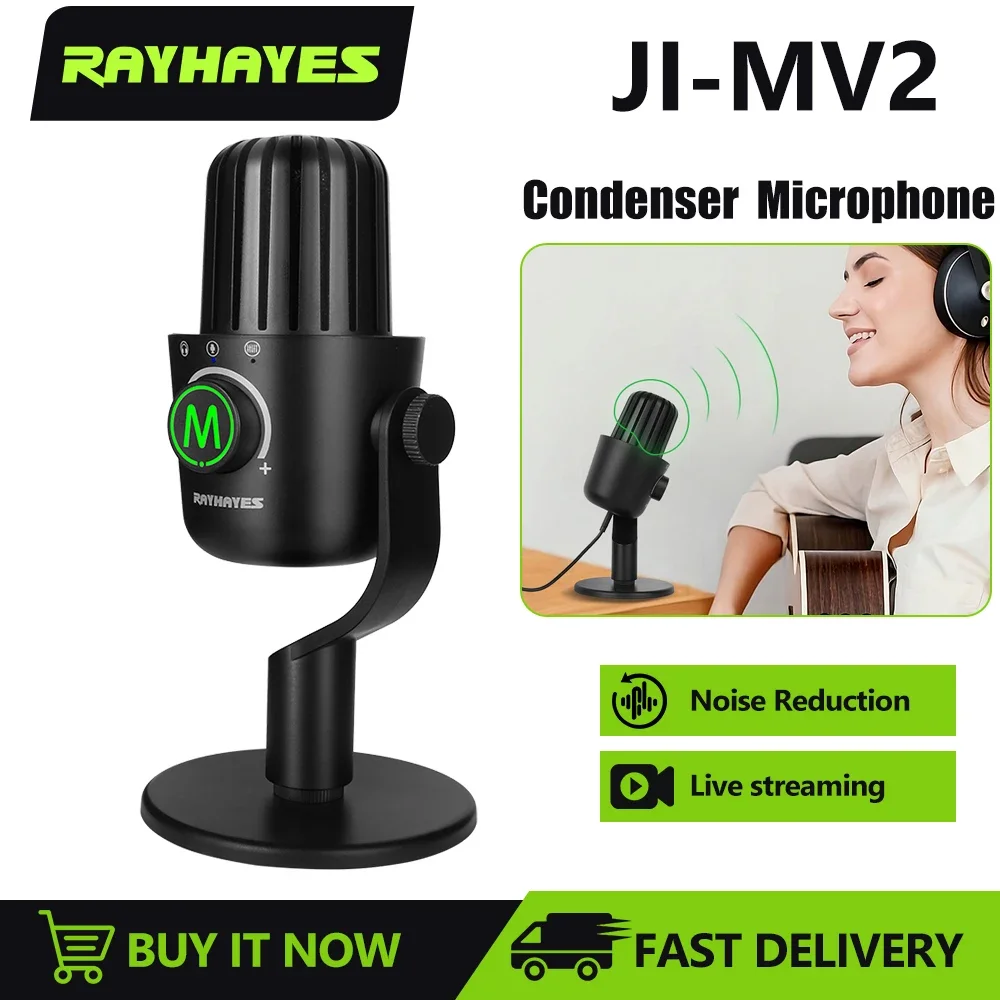 

RAYHAYES JI-MV2 Professional Live Streaming Microphone 360° Adjustable Condenser Microphone Studio Mic Gaming Recording