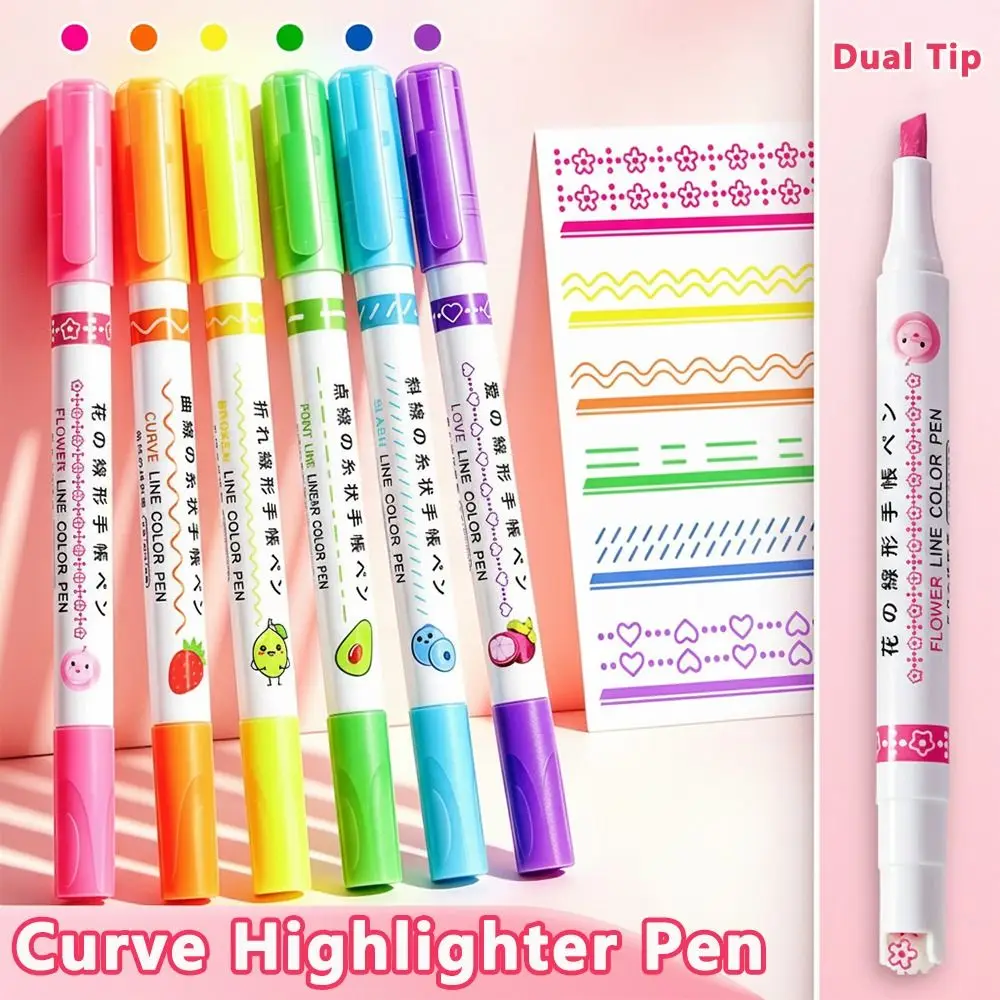 6pcs/set Dual Tip Highlighter Pen Roller Tip Flower Line Shape Curve Liner Marker Decorative Curve Highlighter School Office