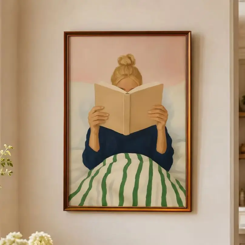 Woman Reading in Bed Poster - Book Lover Art Print - Reading Book Wall Art - Reading Nook Library Decor, Retro Girly Book Poster