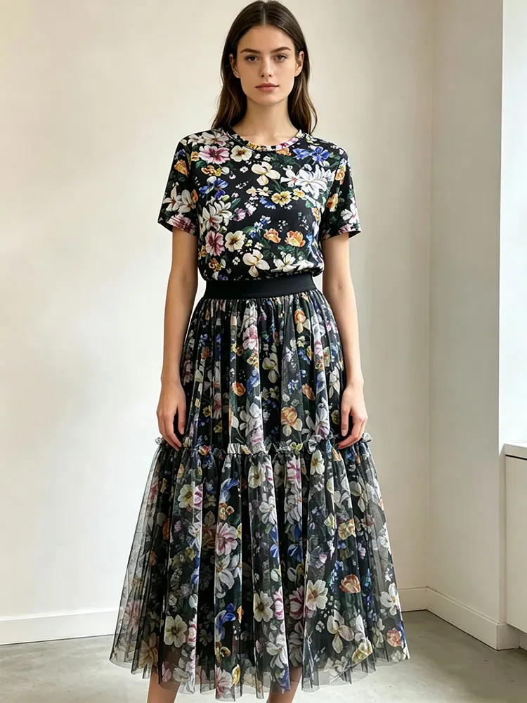 Summer new holiday women's suit flower printed round neck short sleeve gauze T-shirt elastic waist wood ear skirt fashion two-pi