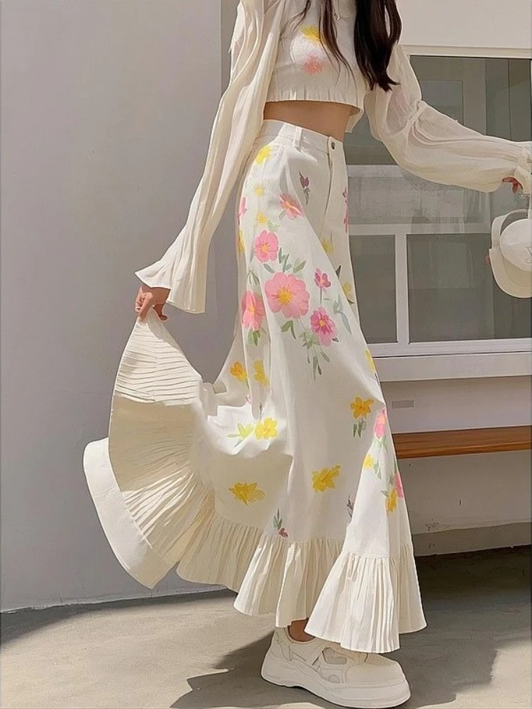 

2025 Fashion Elegant Skirts Flower Print Ruffles Pleated High Waist Long Skirt Female Slim All Match Design New Women's Clothing
