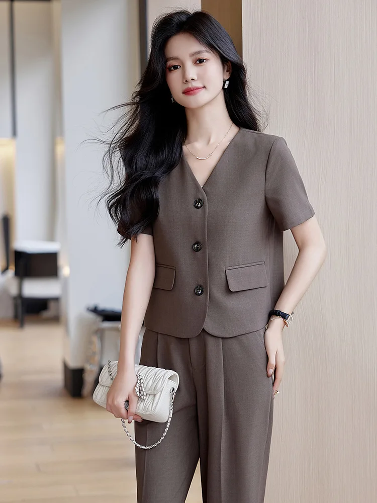 

Short Sleeve Suit Coat for Women Summer2023New Small Fashion Short Temperamental Casual Brown Suit Suit