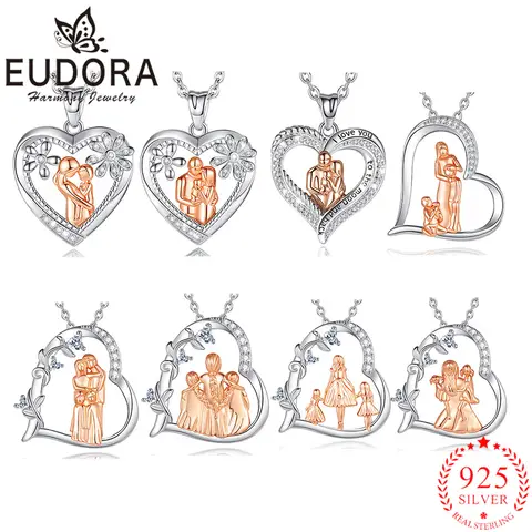 Eudora 925 ayar gümüş anne bebek aile kolye Rosy altın zirkon kalp kolye kadın zarif takı anneler günü hediye
