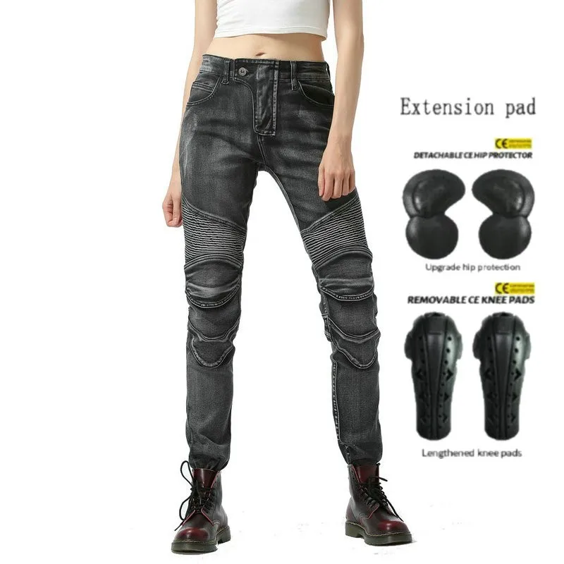 Motorcycle Riding Pants Female Knight Casual Jeans Motocross Cycling Leisure Protection Trousers Retor Fashion Washed Silvery