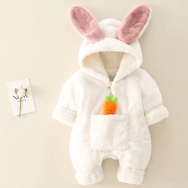 ZOETOPKID Baby Rompers Winter Warm Coral Fleece Newborn Boys Girls Clothes Cartoon Rabbit Coats Infant Jumpsuit Animal Overalls