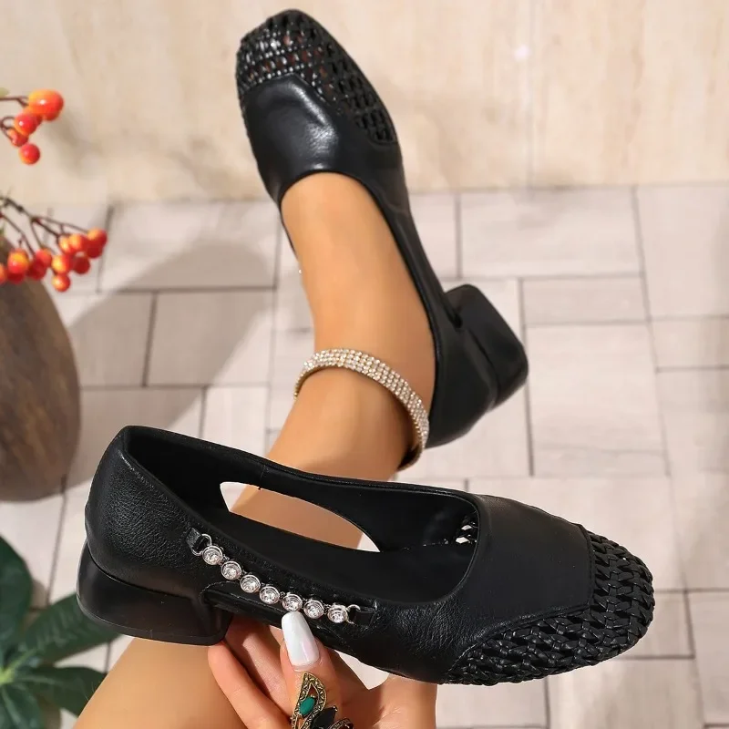 

French Square-toed Woven High-heeled Sandals 2025 Summer New Skeletonized Fashionable Leather Fabric Mid-heel Women's Shoes 40