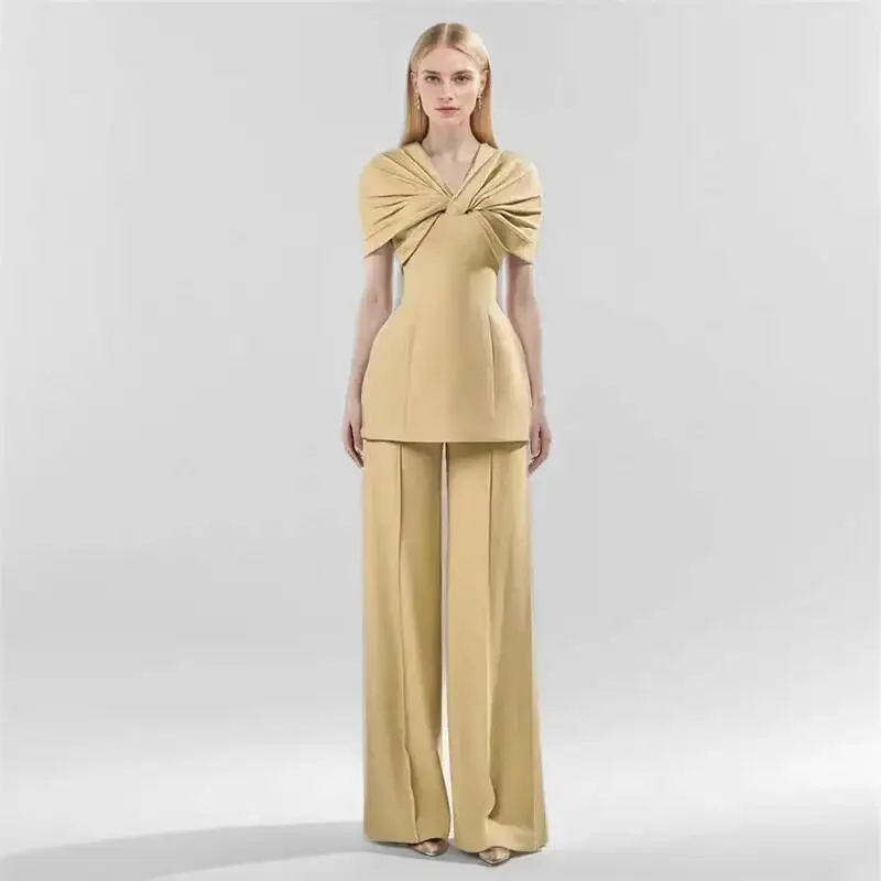 HUISONG – ensemble deux pièces pour femmes, Design de Niche élégant, haut torsadé à col en v, pantalon à jambes larges, haut court, printemps été 7fg895